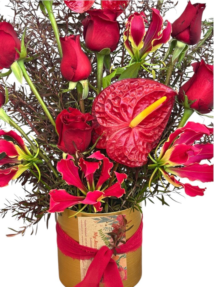 Romantic Reds in a gold vase - My Jazzy Blooms