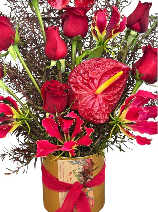 Romantic Reds in a gold vase - My Jazzy Blooms