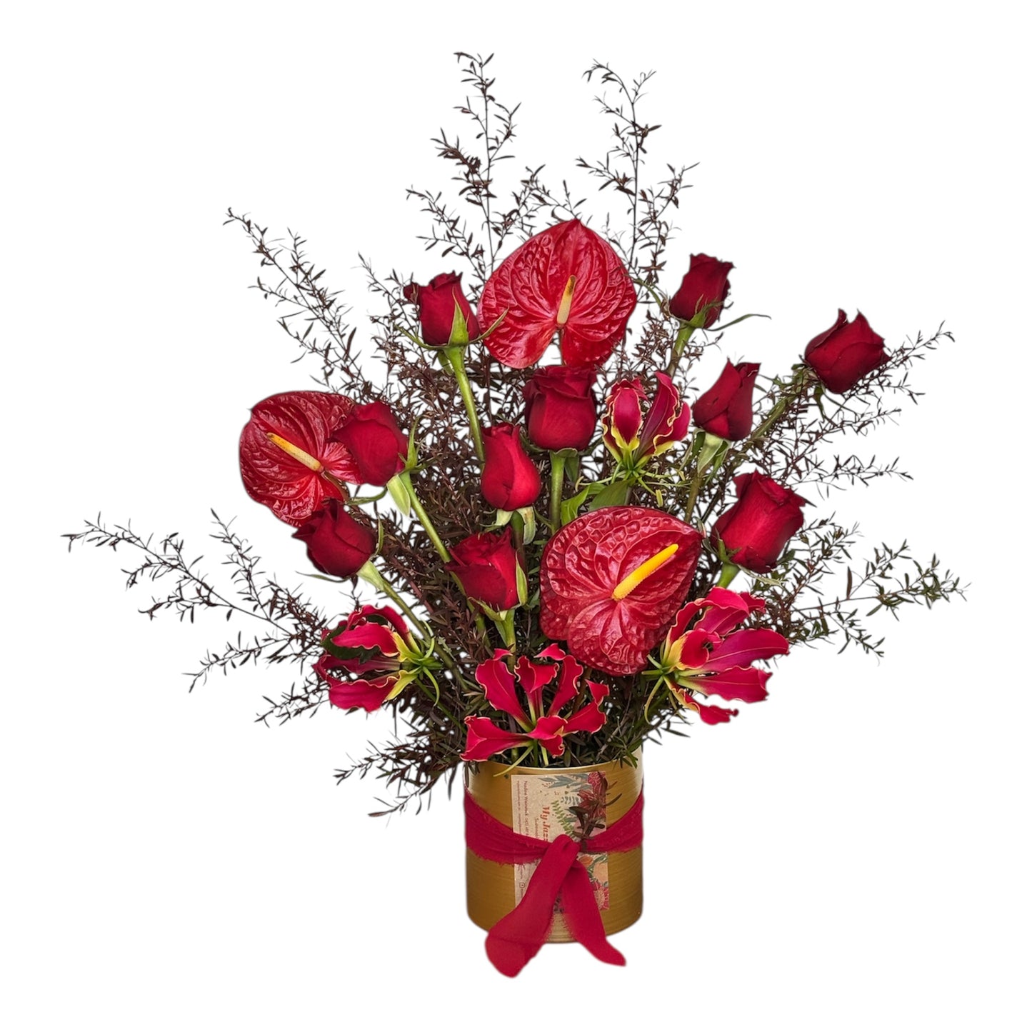 Romantic Reds in a gold vase - My Jazzy Blooms
