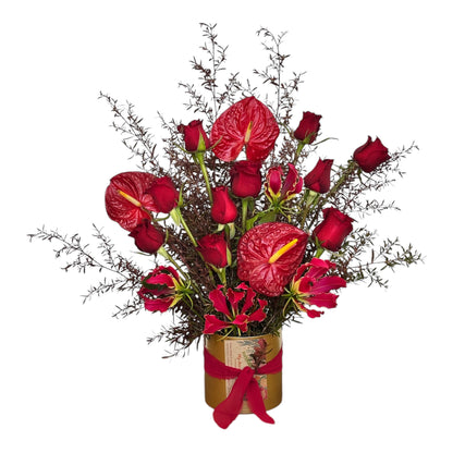 Romantic Reds in a gold vase - My Jazzy Blooms